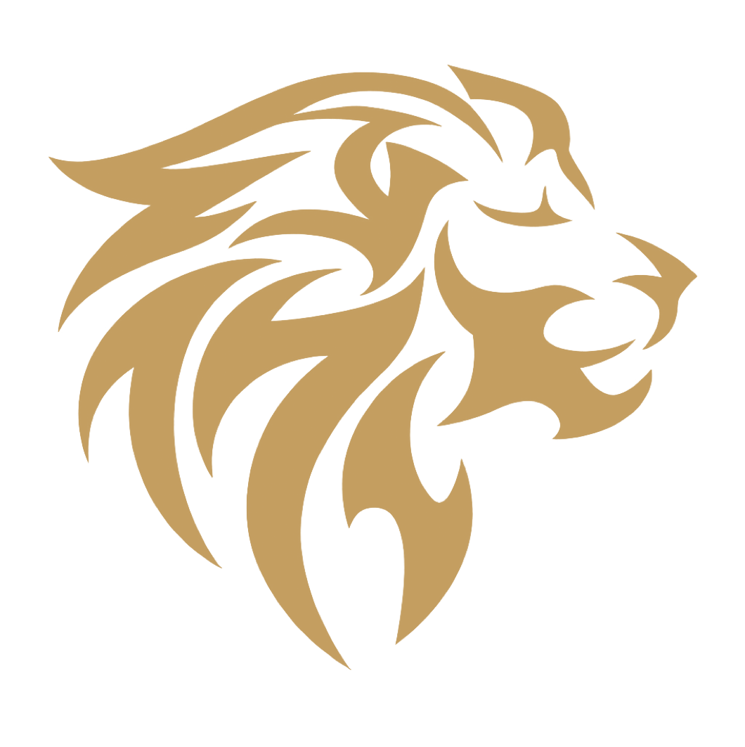 Gold and black stylized lion head logo with flowing mane.