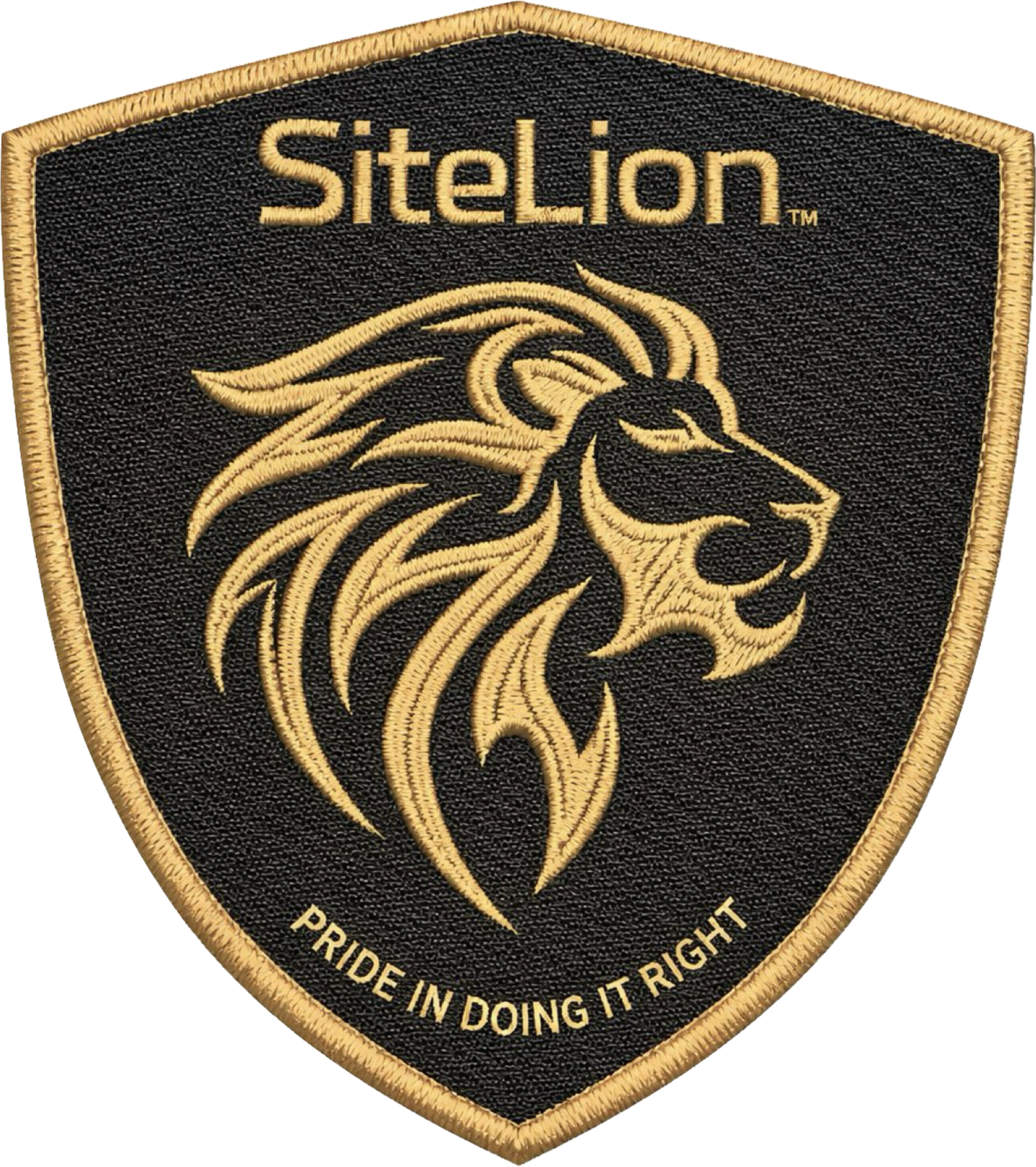 Sitelion emblem patch with a black background, a gold embroidered lion's head, and the phrase "PRIDE IN DOING IT RIGHT" at the bottom.
