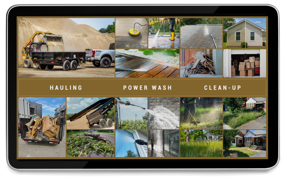 A tablet screen displaying a home improvement service menu with three categories: Hauling, Power Wash, and Clean-Up, each with related images of construction, cleaning, and yard work.
