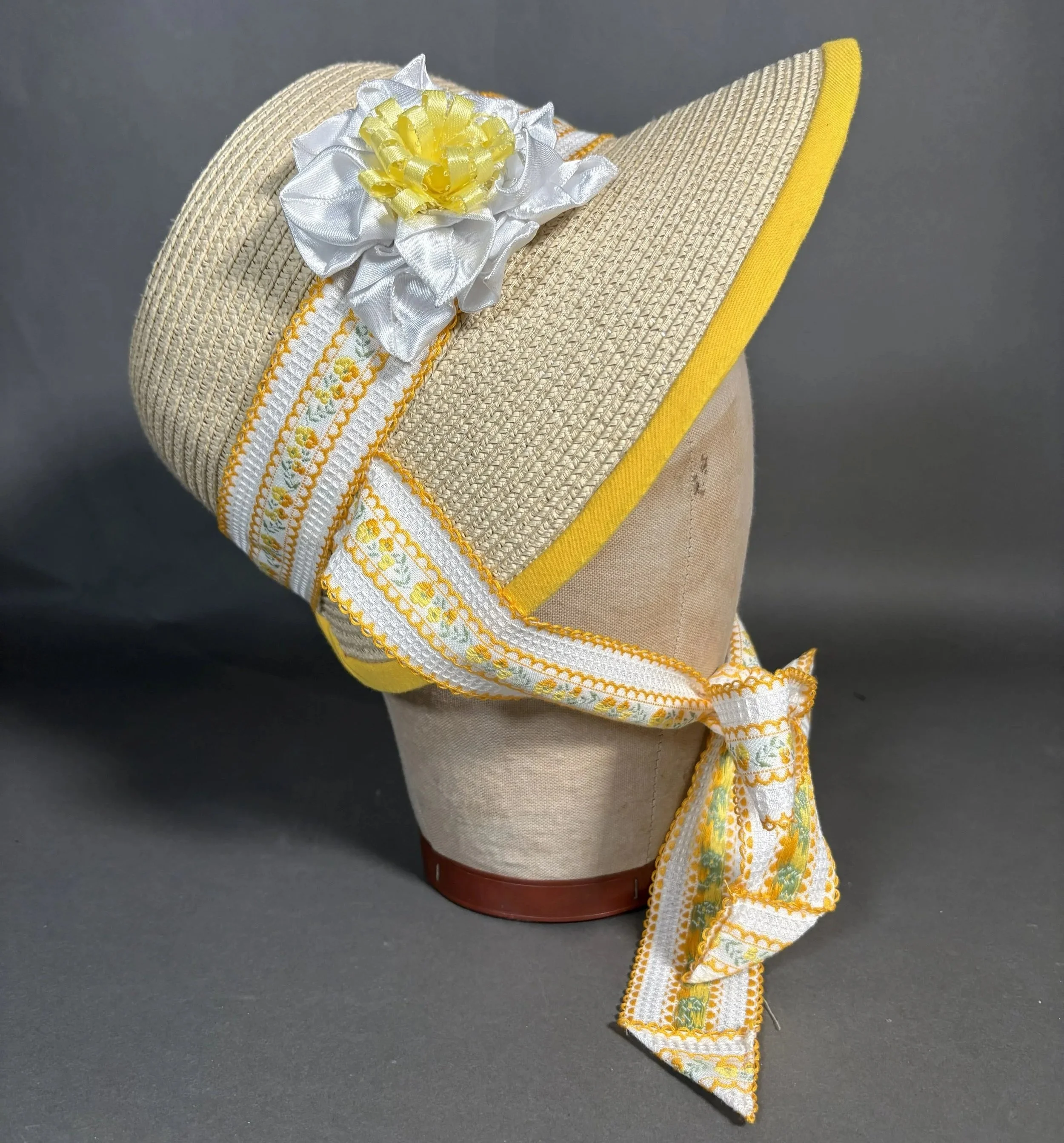 Regency Poke Bonnet: Side with Ribbon Flower Detail