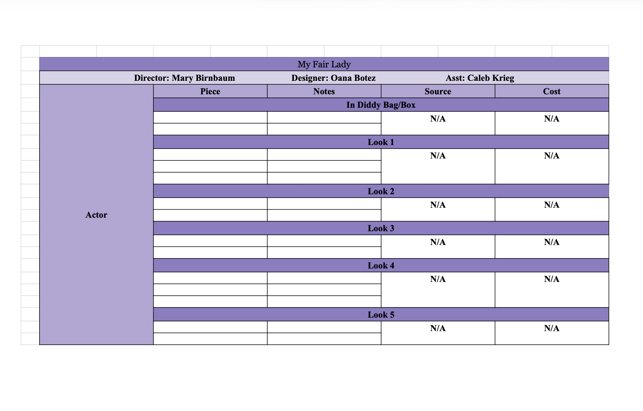 Opera Saratoga Piece List Template