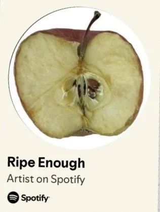 A sliced apple showing its seeds, with a title 'Ripe Enough' and artist's name on Spotify.