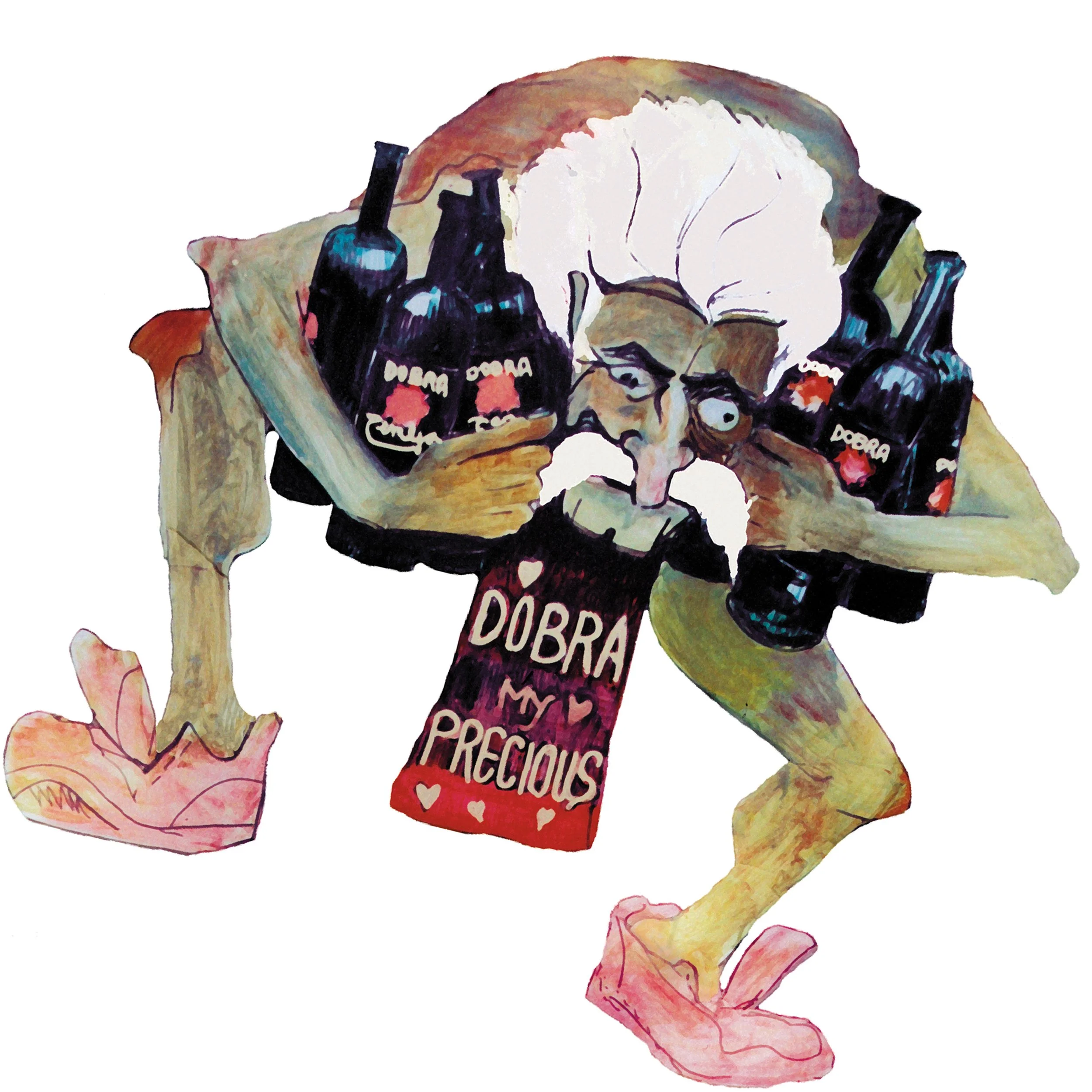 A cartoon of Milan with white hair, glasses, and a mustache, crouching while carrying four bottles labeled 'Dobra,' a sign reading 'Dobra My Precious,' and wearing pink shoes.