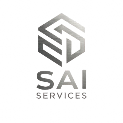 Logo for SAI Services featuring a 3D metallic hexagon with a stylized 'SAI' inside and the words 'SAI SERVICES' underneath, on a black background.