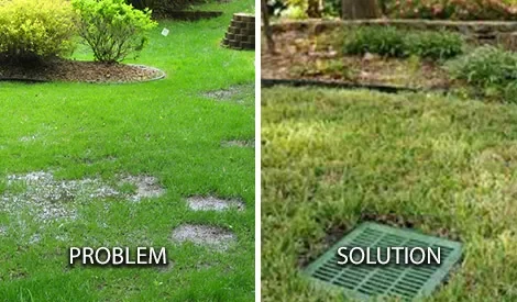 Comparison of a lawn with muddy patches labeled 'Problem' and a well-maintained lawn with a drainage grate labeled 'Solution'.