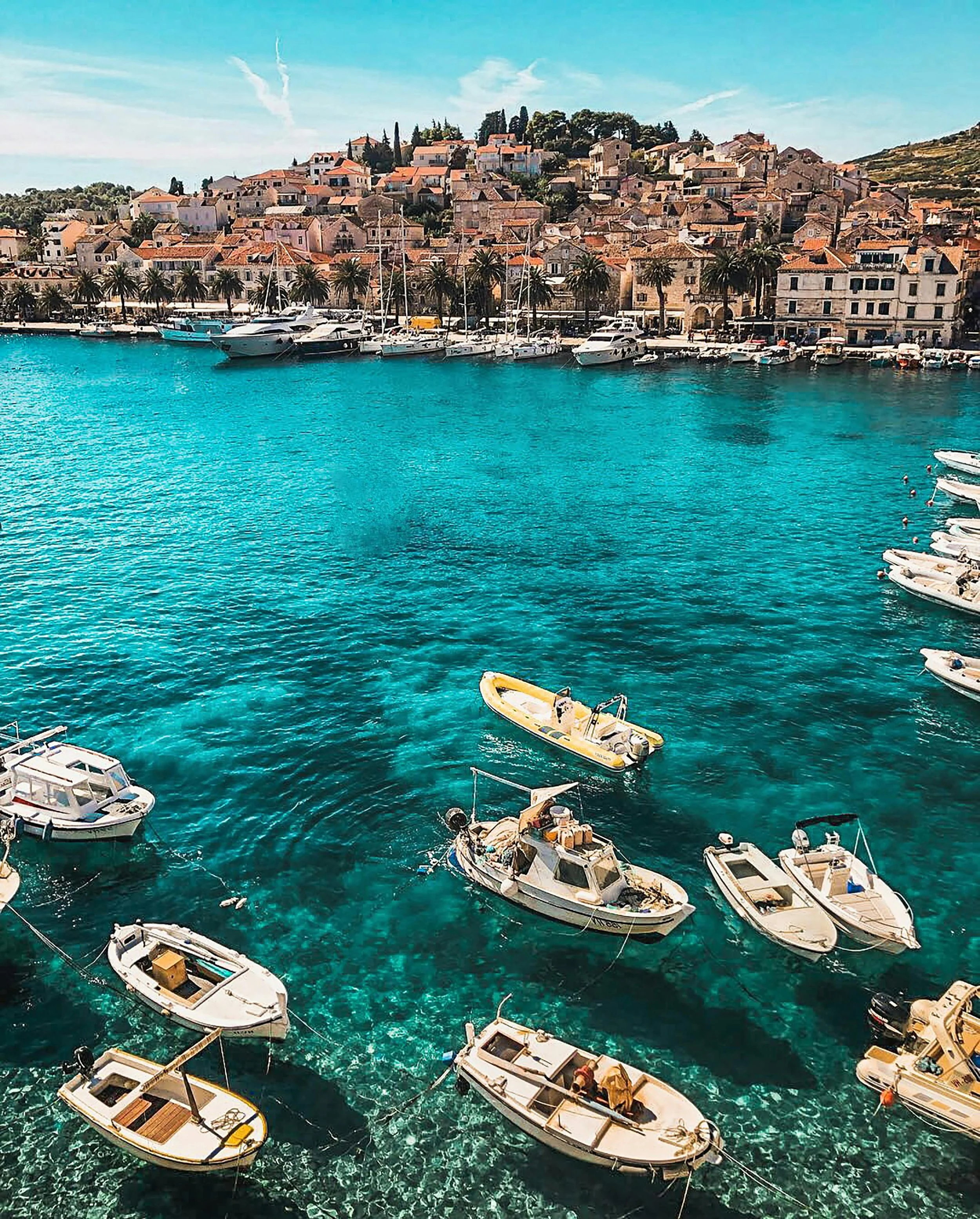 A harbor with several boats floating on clear blue water, with a hillside town of buildings and palm trees in the background under a blue sky.