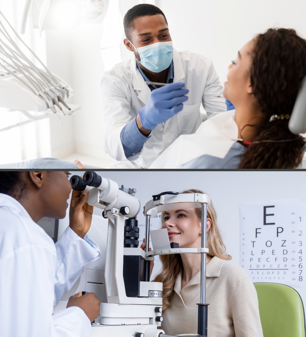 A dentist examining a patient in a dental clinic and an optometrist conducting an eye exam with a woman patient in an optical clinic.