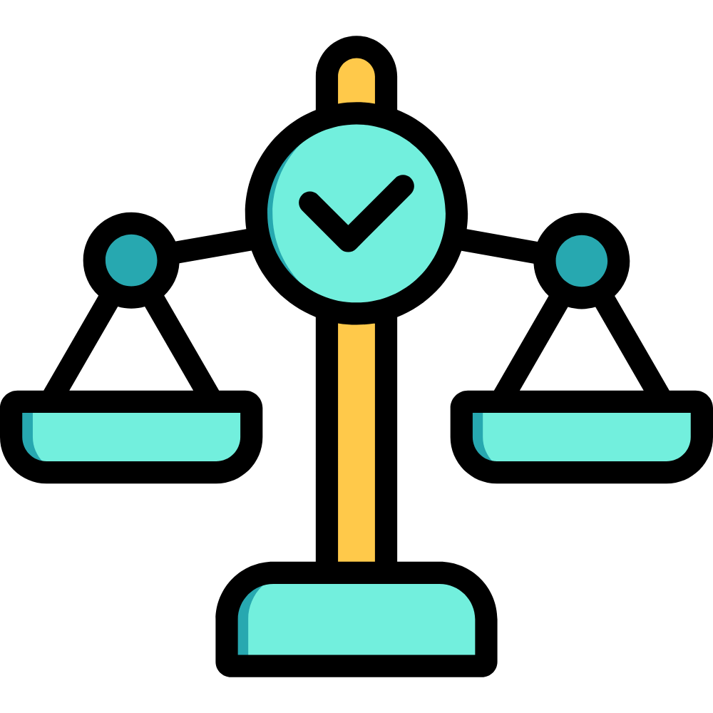A digital illustration of a scale balanced with a check mark on the top center, painted in teal and yellow colors against a black background.