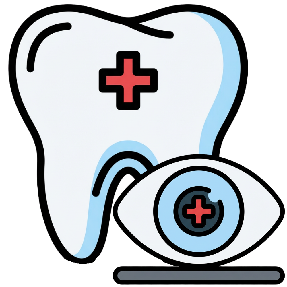 Cartoon-style illustration of a tooth and an eye, both with red cross symbols, representing dental and eye health, with a dark background.