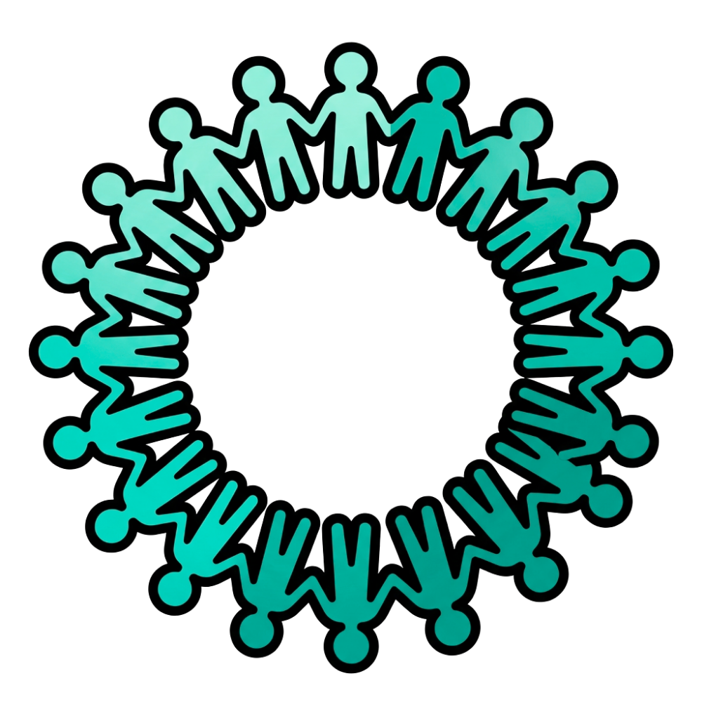 A circle of glowing blue paper cutout figures holding hands against a black background.