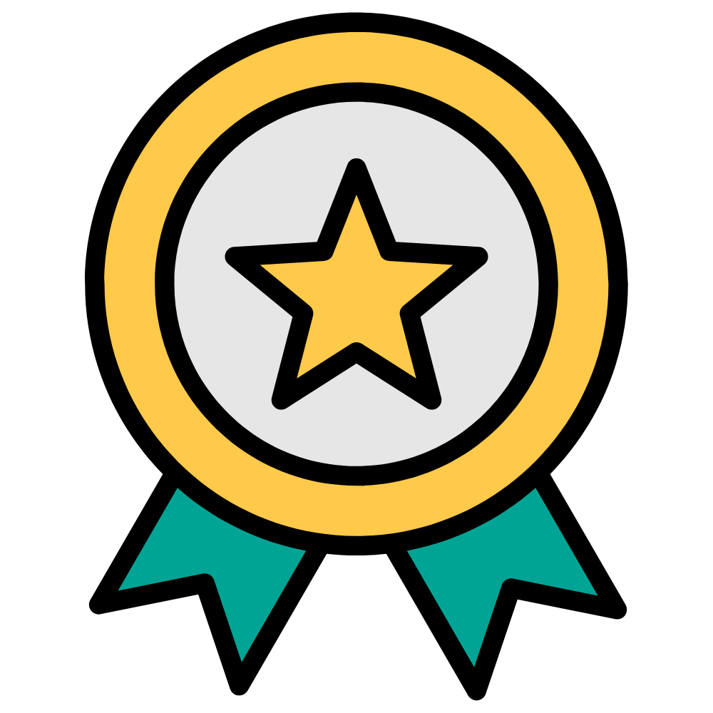 Illustration of a medal with a gold star in the center, surrounded by a yellow circle and blue ribbons hanging below.