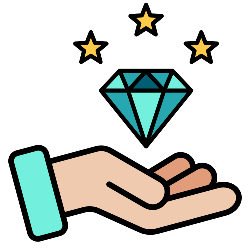 A hand holding a diamond with three stars above it.