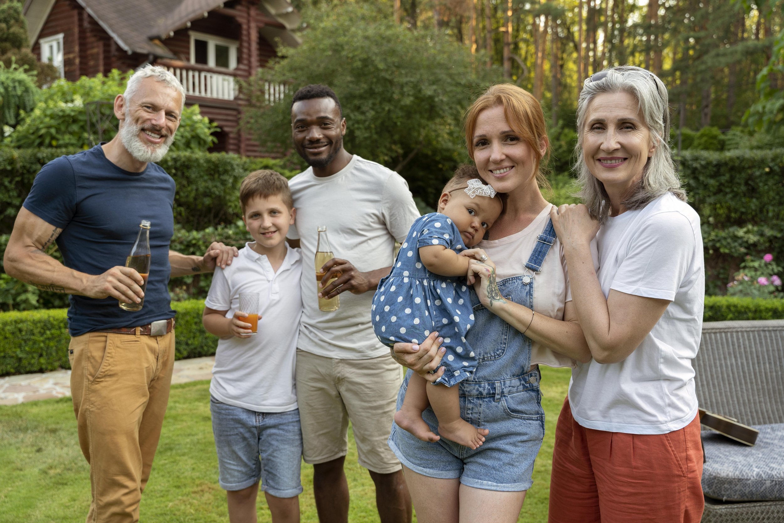 Group of six people, including children, standing outdoors in a garden near a house, enjoying a summer gathering with drinks, smiling at the camera.