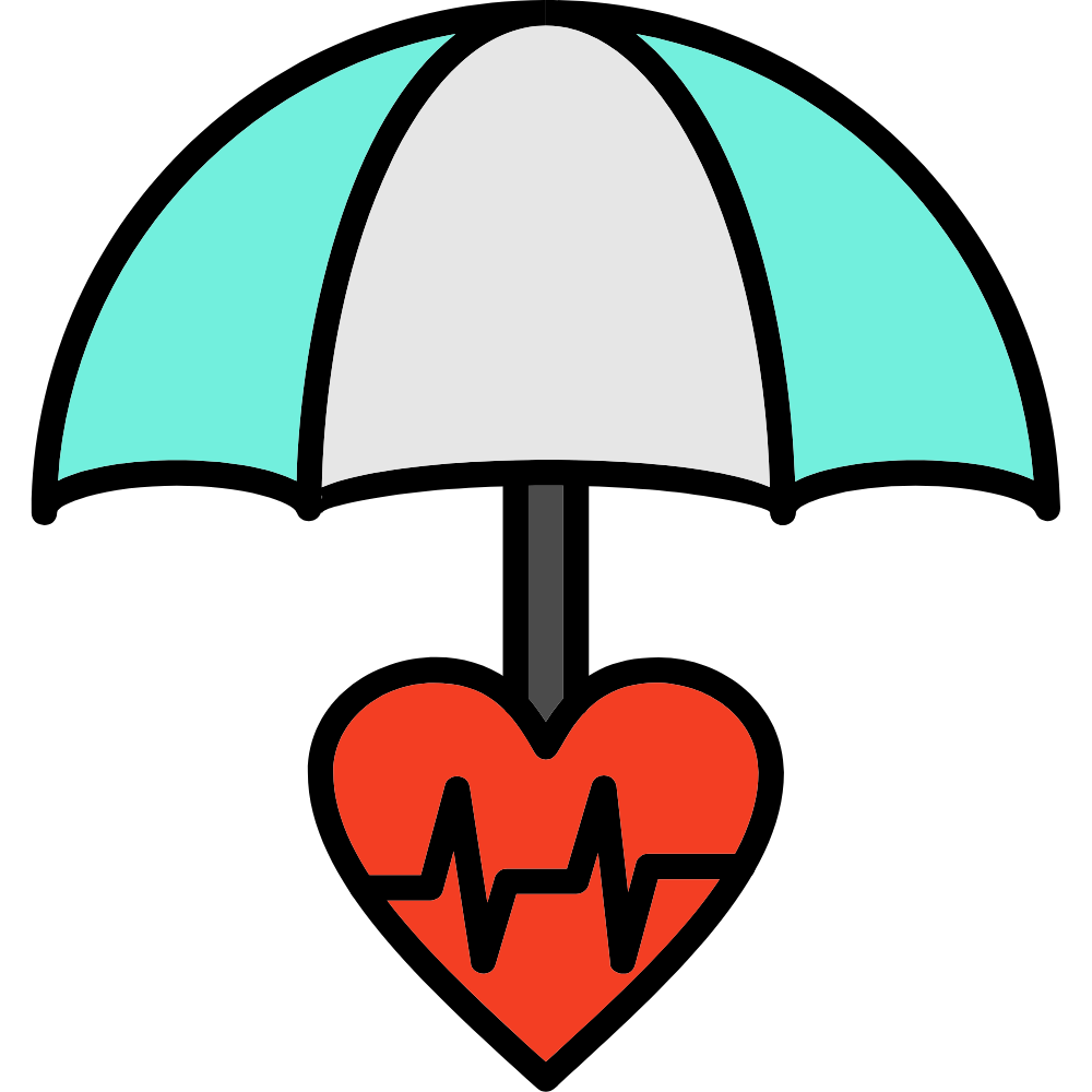 An umbrella with blue and gray panels sheltering a red heart with an ECG line inside.
