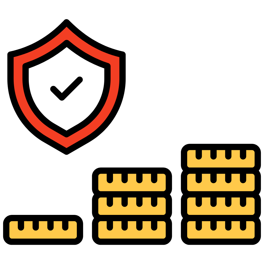 Illustration of a shield with a check mark, representing security or protection, above stacks of gold bars, symbolizing wealth or savings.