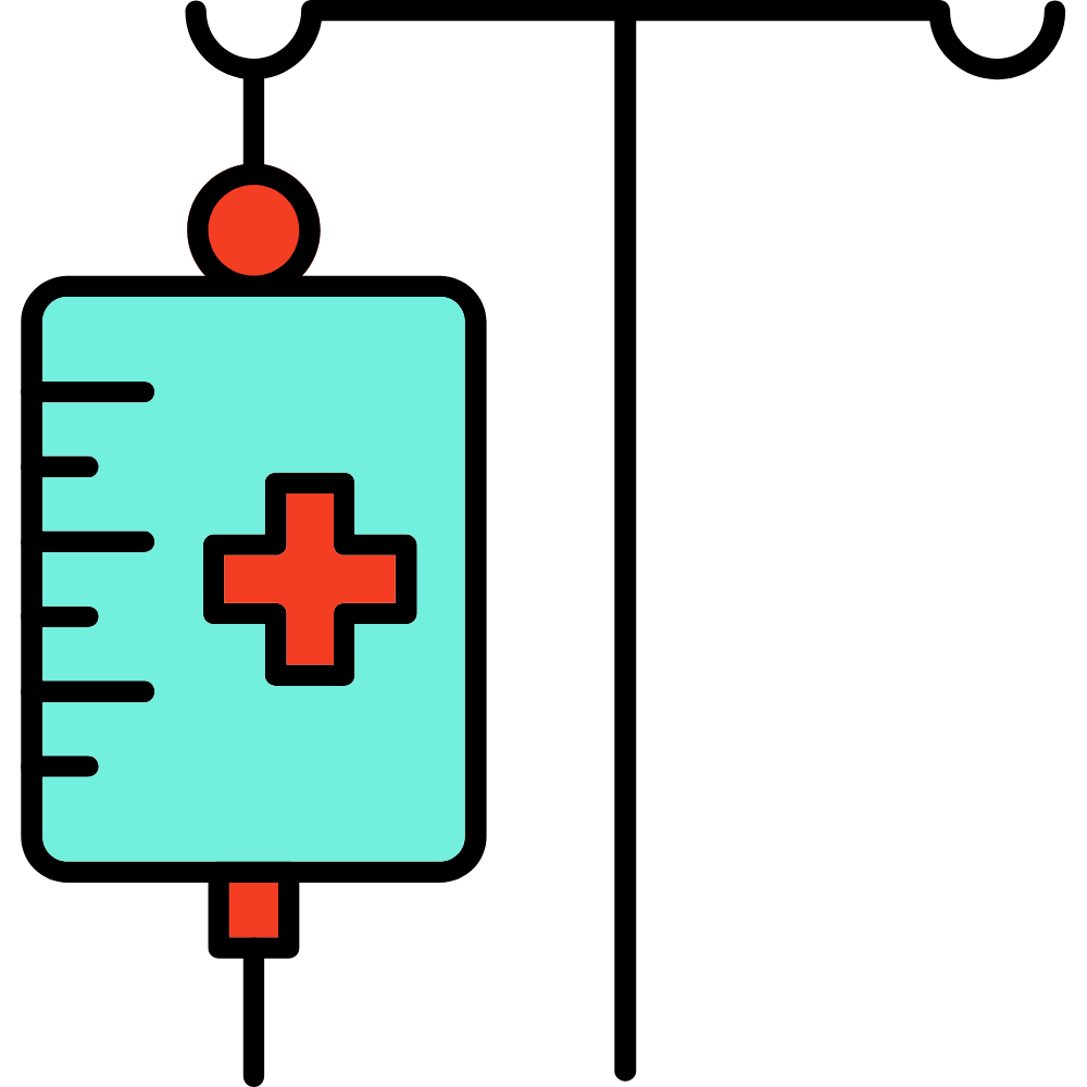 A medical IV drip with a red cross symbol on the bag and a red button at the top.