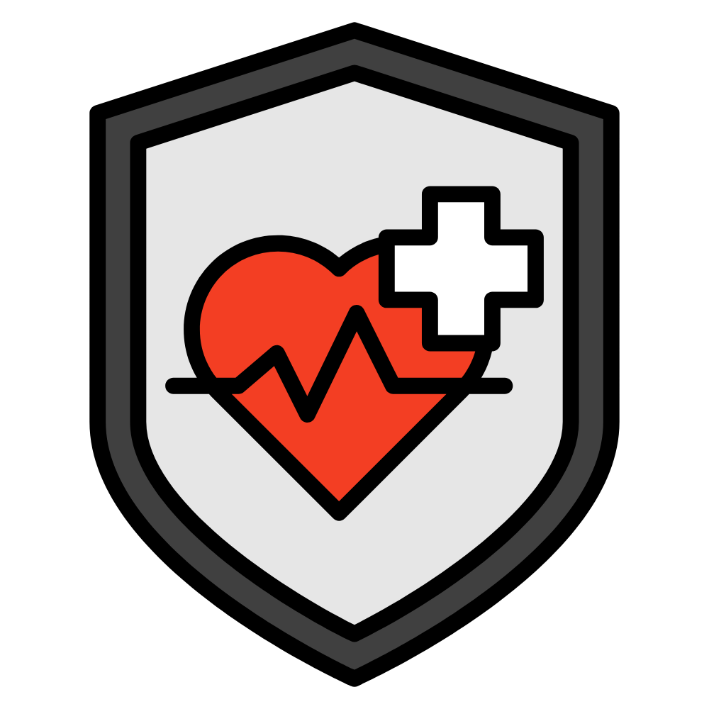A shield emblem with a red heart and a black heartbeat line inside, with a white medical cross on top of the heart.