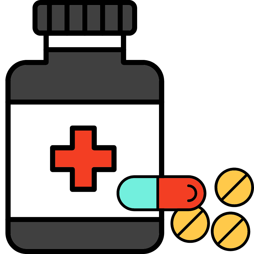 A medical bottle with a red cross symbol, alongside a capsule pill and yellow tablets, against a black background.