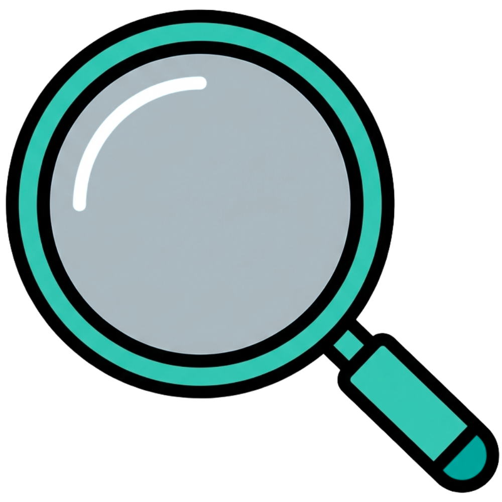 Illustration of a magnifying glass with a turquoise handle and rim, and a reflective glass lens.