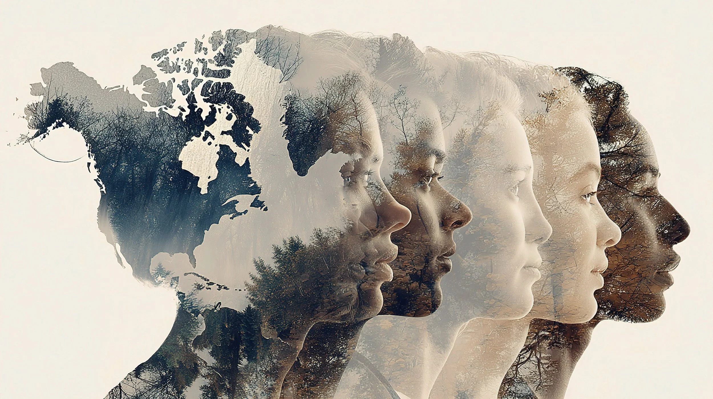 Une superposition d'images de visages de femmes en profil, avec un motif de forêt et de feuilles superposé, symbolisant la diversité et l'unité.