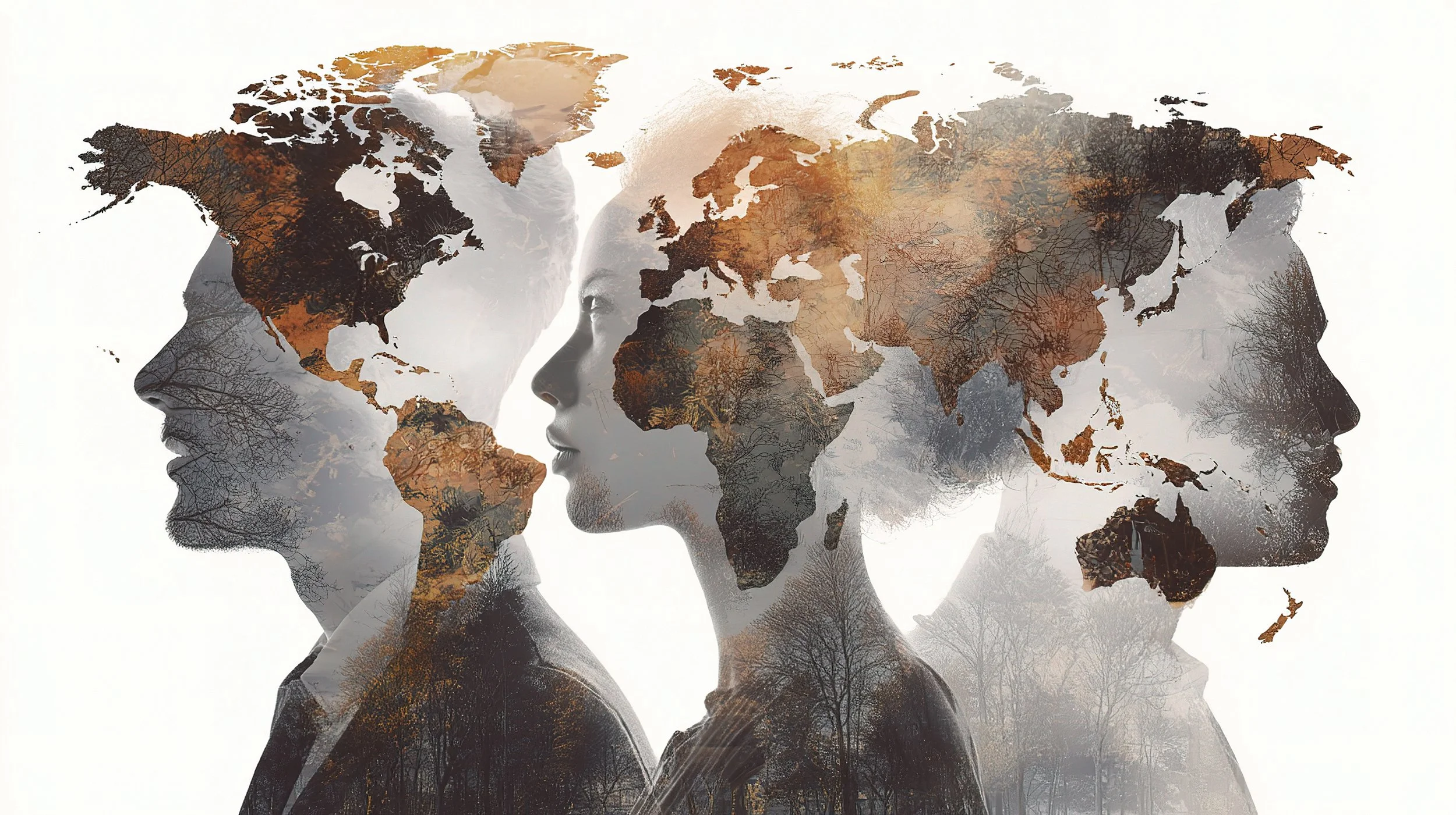 Une illustration artistique représentant trois silhouettes de personnes, dont les visages sont superposés avec une carte du monde et des arbres en arrière-plan, symbolisant la diversité et la connexion mondiale.