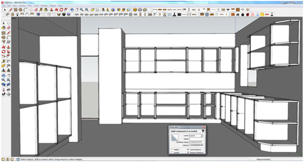3D computer model of a room with shelves and cabinets, showing an interior design layout for storage.