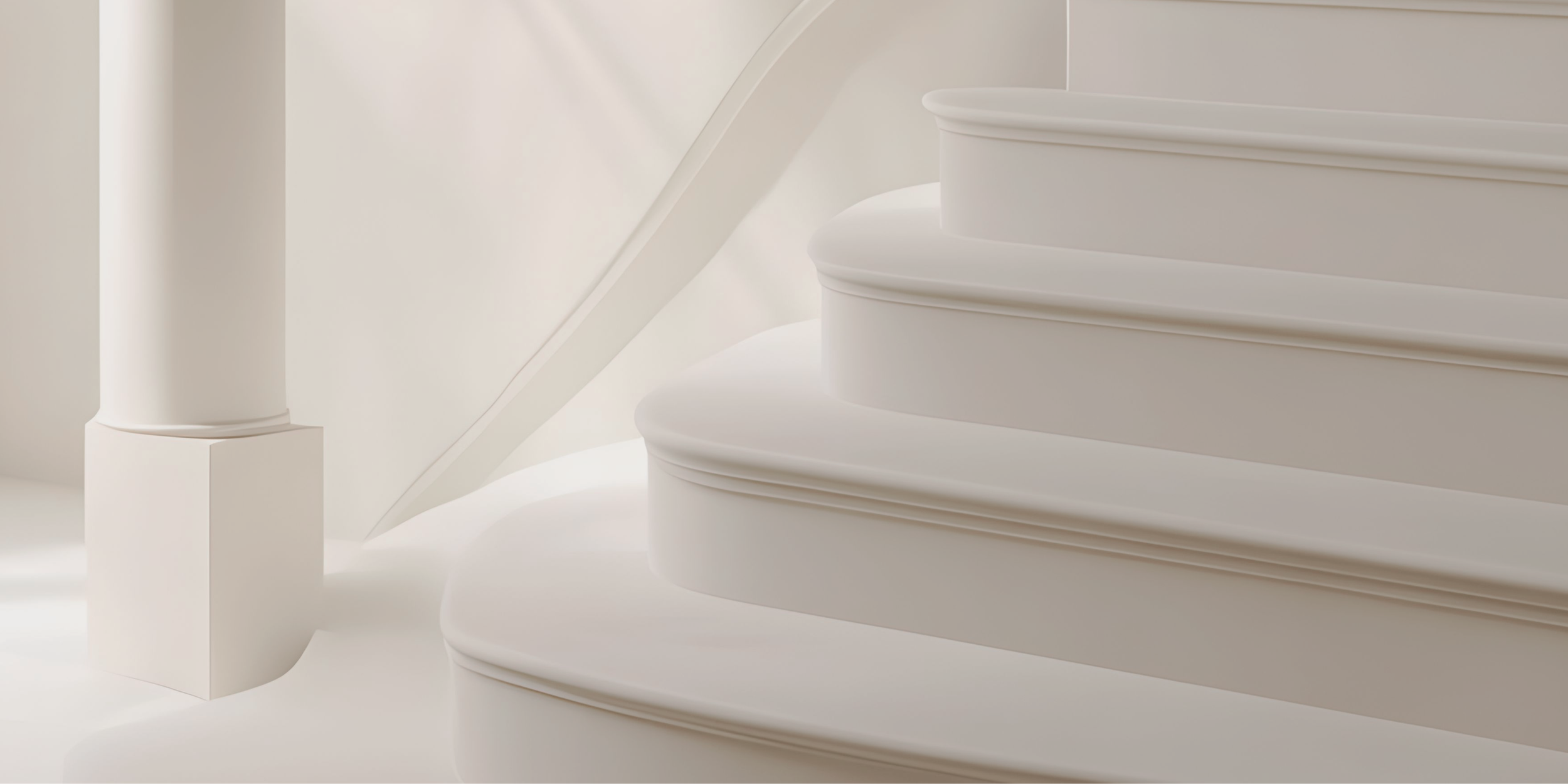 Close-up of a white staircase, showing the rounded edges of the steps and a white support column.