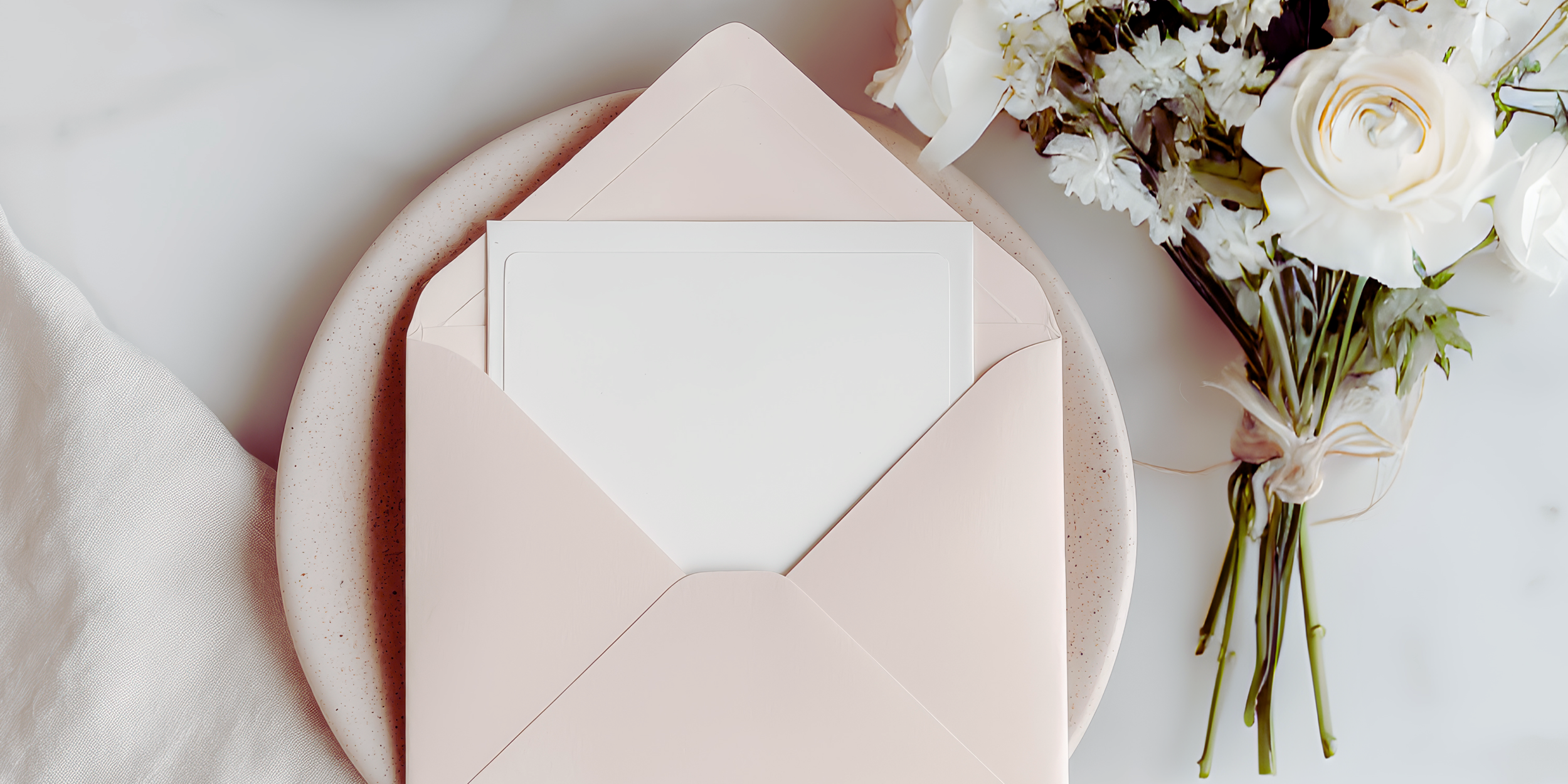 A pink envelope with a card inside, placed on a speckled pink plate, next to a bouquet of white roses in a glass vase, all on a white surface.