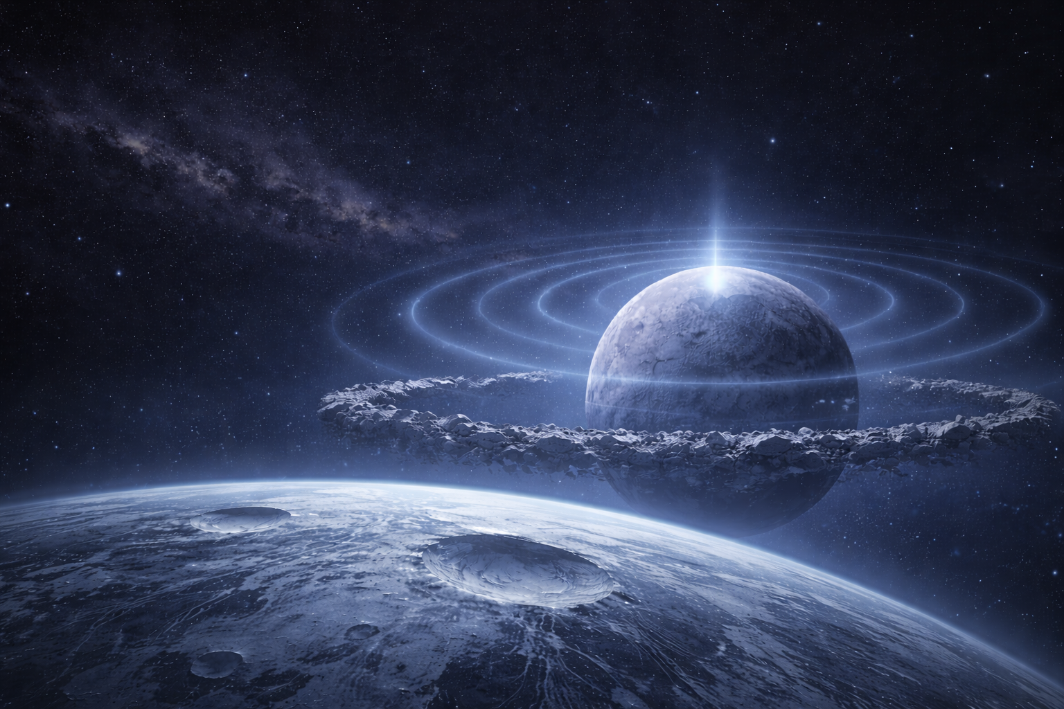 A space scene depicting a large planet with rings, a smaller planet with impact craters, and the Milky Way galaxy in the background.