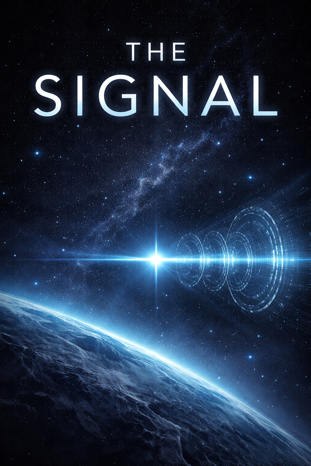 Poster of the movie "The Signal" with a space-themed background showing Earth, stars, and a bright light emitting signals in space.