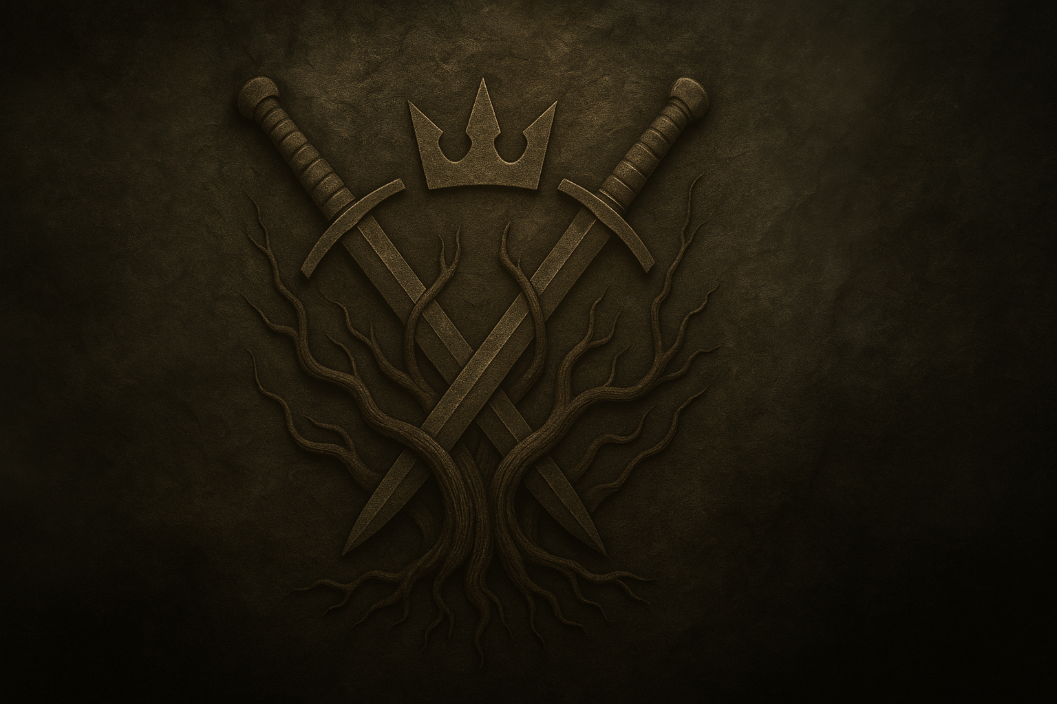 Two crossed swords with a crown above them, intertwined with roots or tendrils, on a dark textured background.