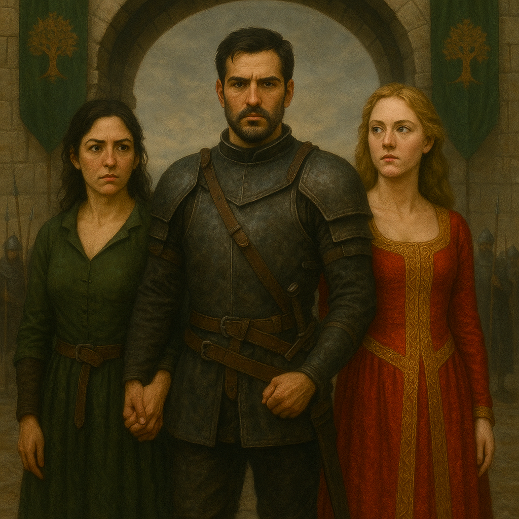 A medieval scene with three characters holding hands, standing in front of a stone wall with banners, a man in the center dressed in armor, and women on each side in medieval dresses.