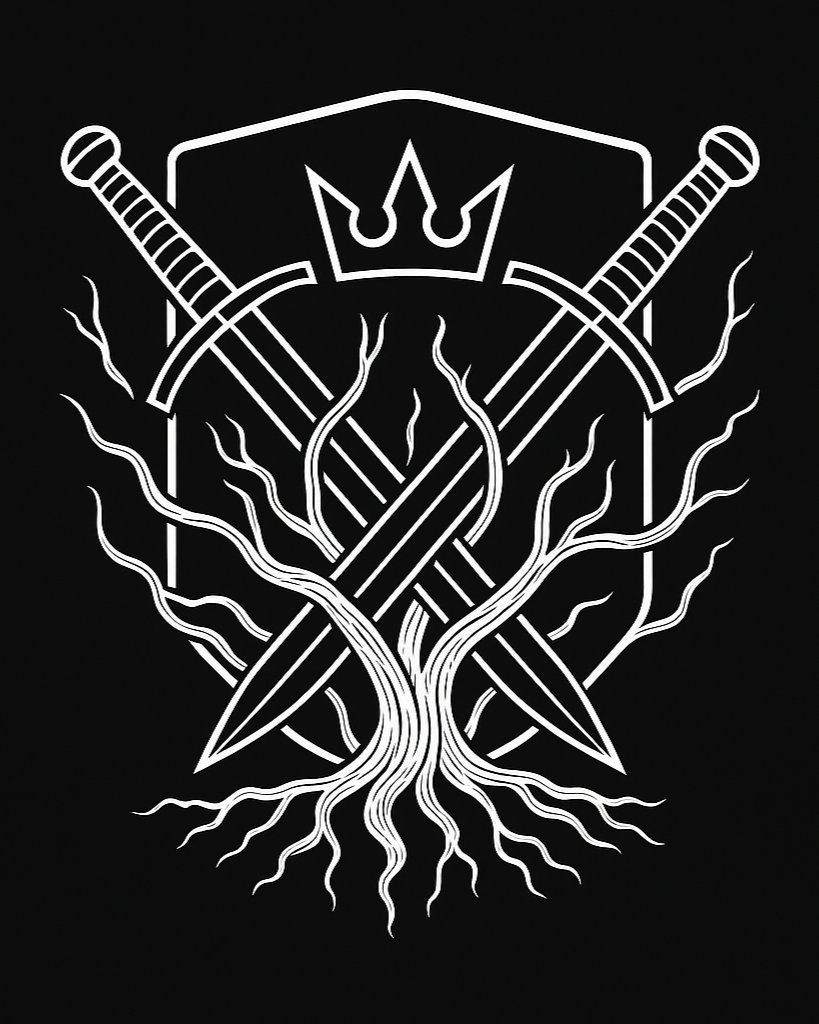 A black and white graphic of two crossed swords behind a stylized tree with roots, with a crown above the swords and a shield outline.