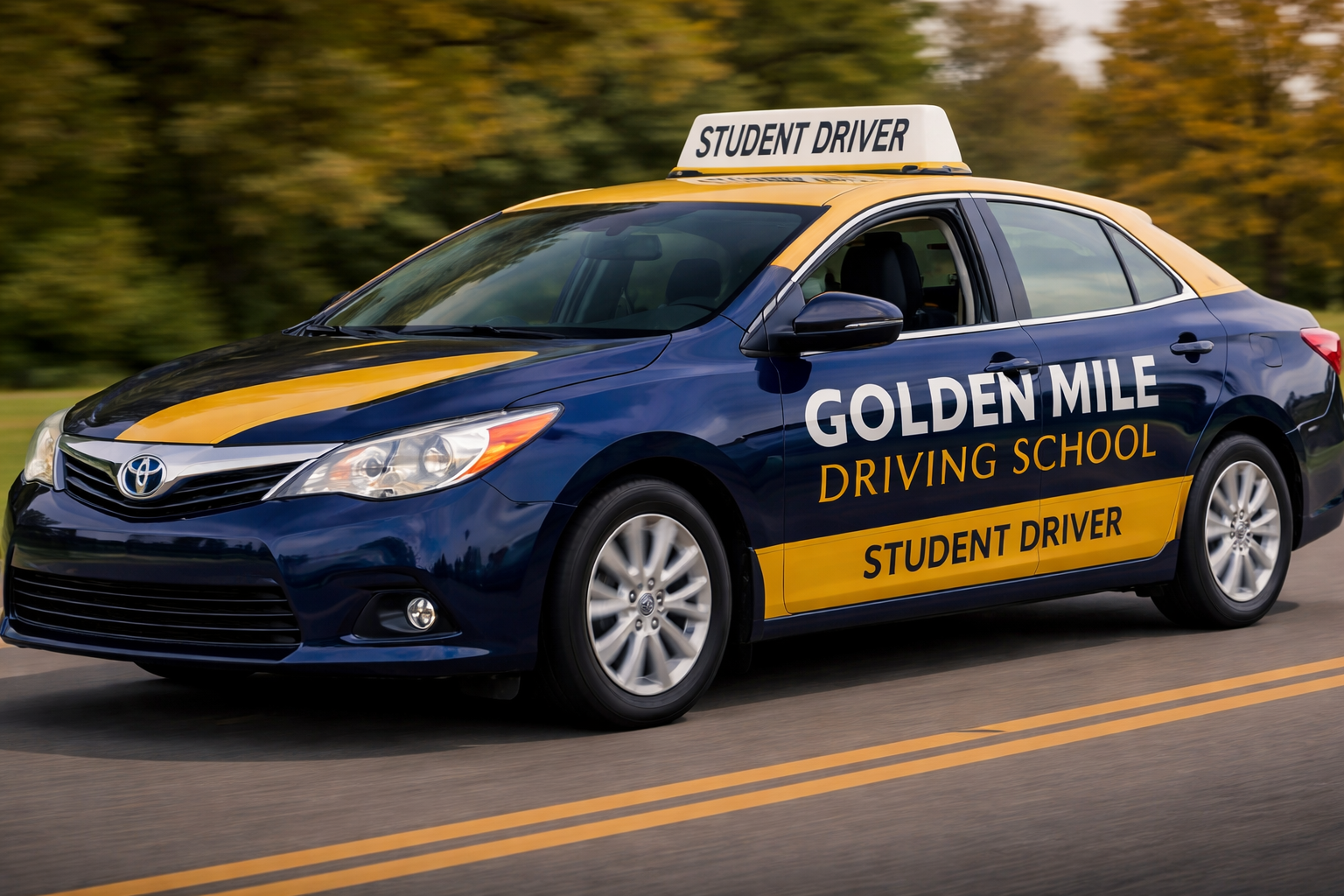 A Toyota sedan marked as a driving school vehicle with 'Golden Mile Driving School' and 'Student Driver' labels. It is blue with yellow accents, on a two-lane road with blurred trees in the background.