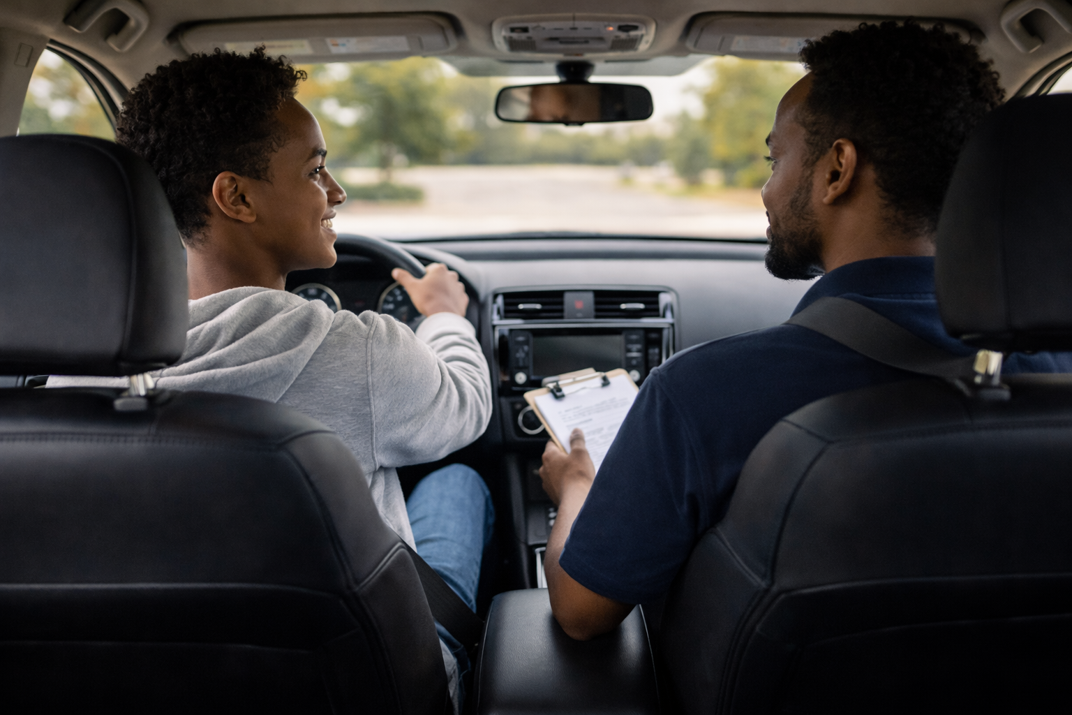 A person driving a car and a passenger sitting next to them with a clipboard, both engaged in conversation inside the vehicle.