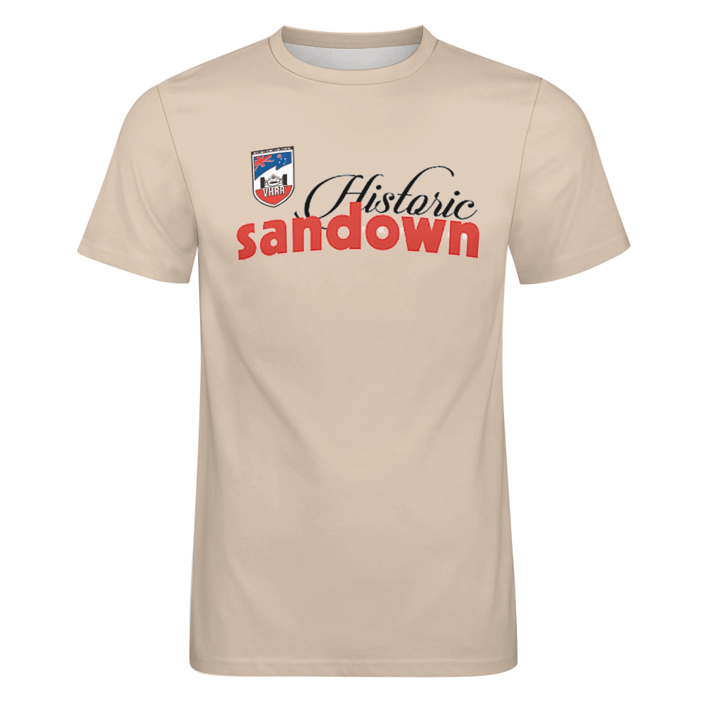 Beige short-sleeve t-shirt with an embroidered patch of the VHRR logo and text that reads 'Historic Sandown' in black and red.