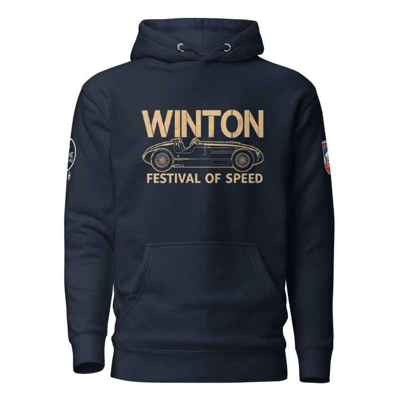 Navy blue hoodie with a graphic of a vintage race car and text reading 'WINTON FESTIVAL OF SPEED'