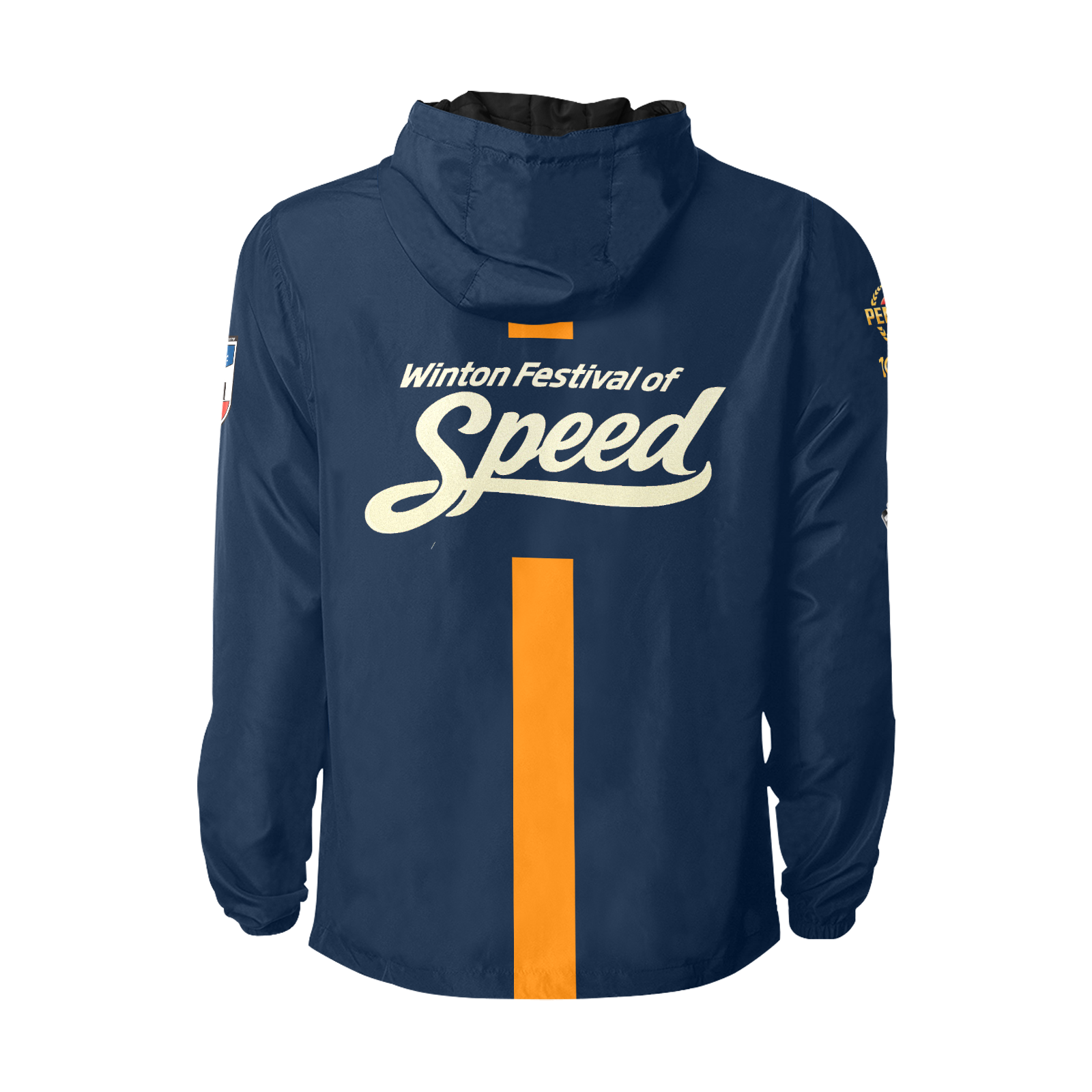 Back view of a blue windbreaker jacket with a large yellow stripe down the middle, white text that reads "Winton Festival of Speed," and various patches on the sleeves.