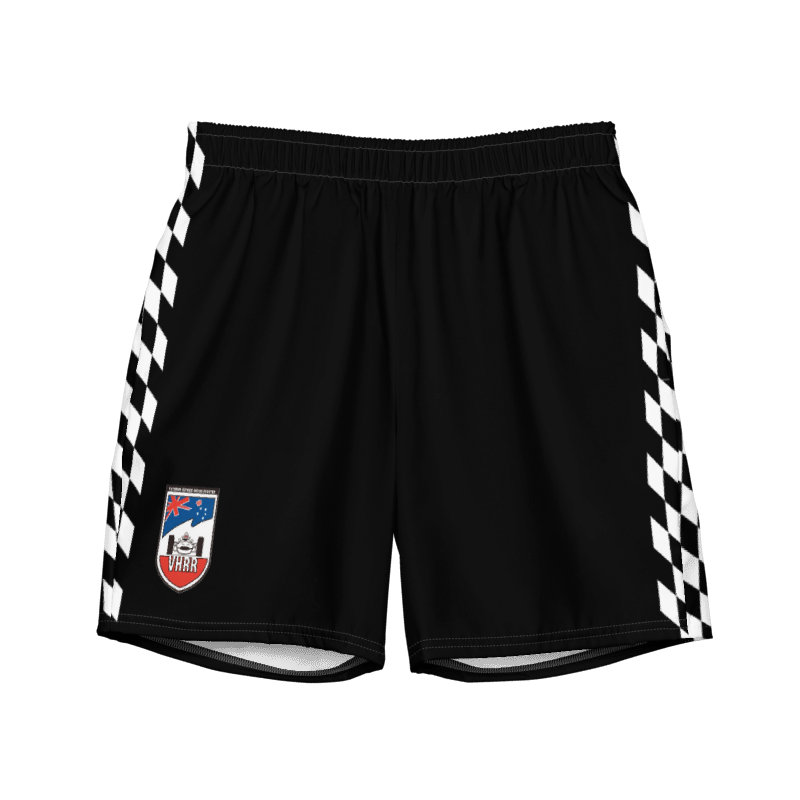 Black sports shorts with white checkered side stripes and an Australian flag and a VWRS badge on the front left.