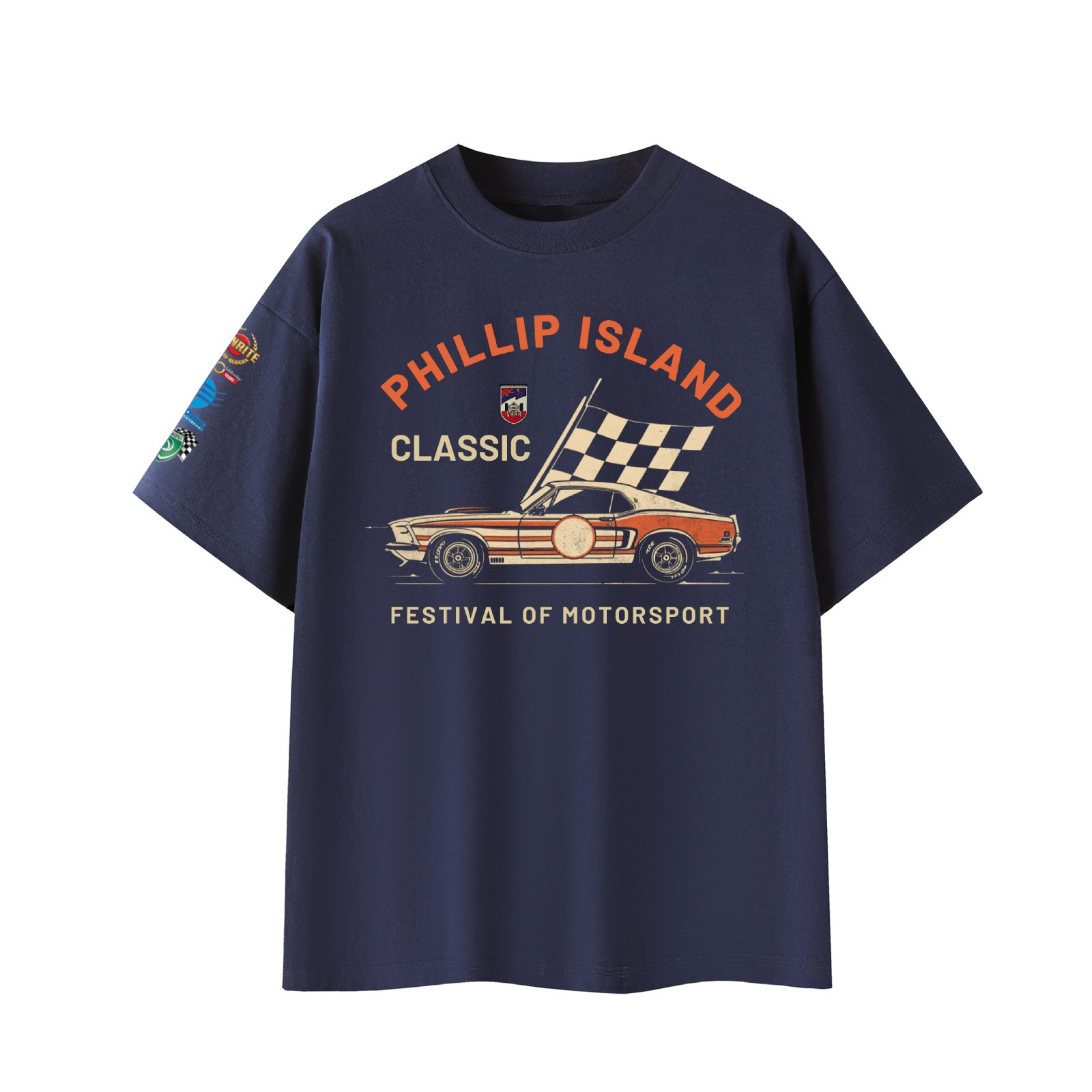 Navy t-shirt with graphic of a vintage race car, checkered flag, and racing-related text and logos for Phillips Island Classic Festival of Motorsport.