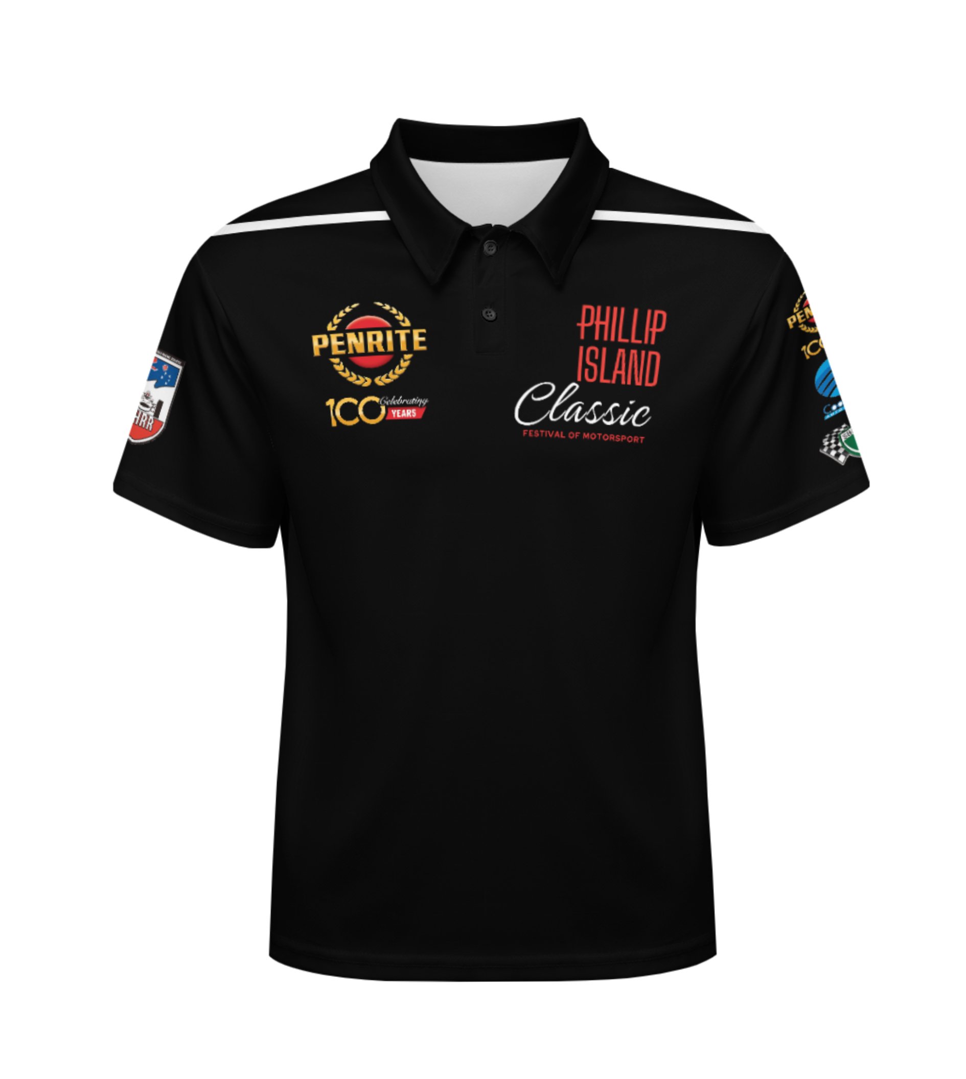 Black sports polo shirt with various logos and text related to Penrite Phillip Island Classic, a motorsport event, including patches on the sleeves and front.