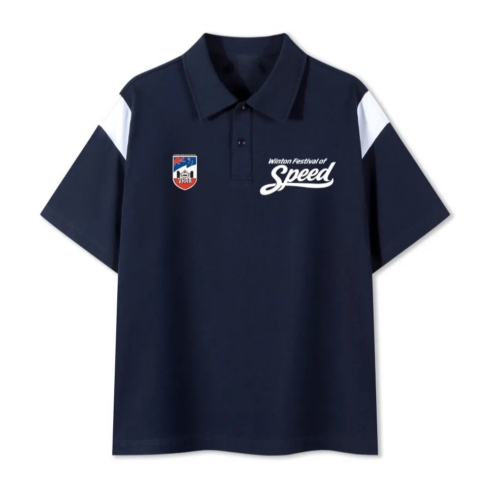 Navy blue polo shirt with white accents on the shoulders, featuring the text "Winton Festival of Speed" and a logo with a race car and the letters "VHRA."