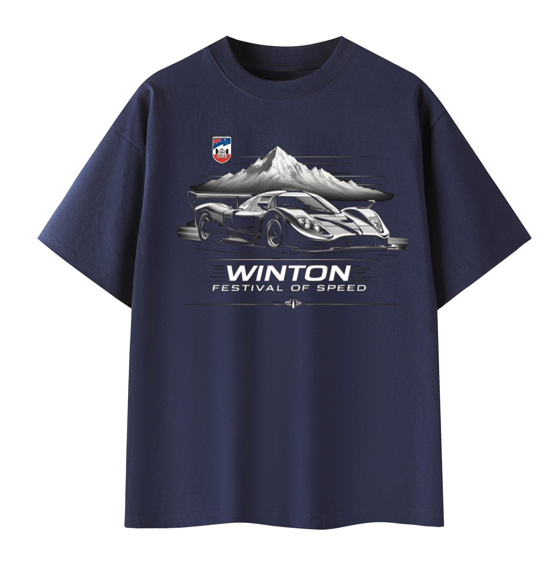 Navy T-shirt featuring a graphic of a race car with mountain and Winton Festival of Speed logo.
