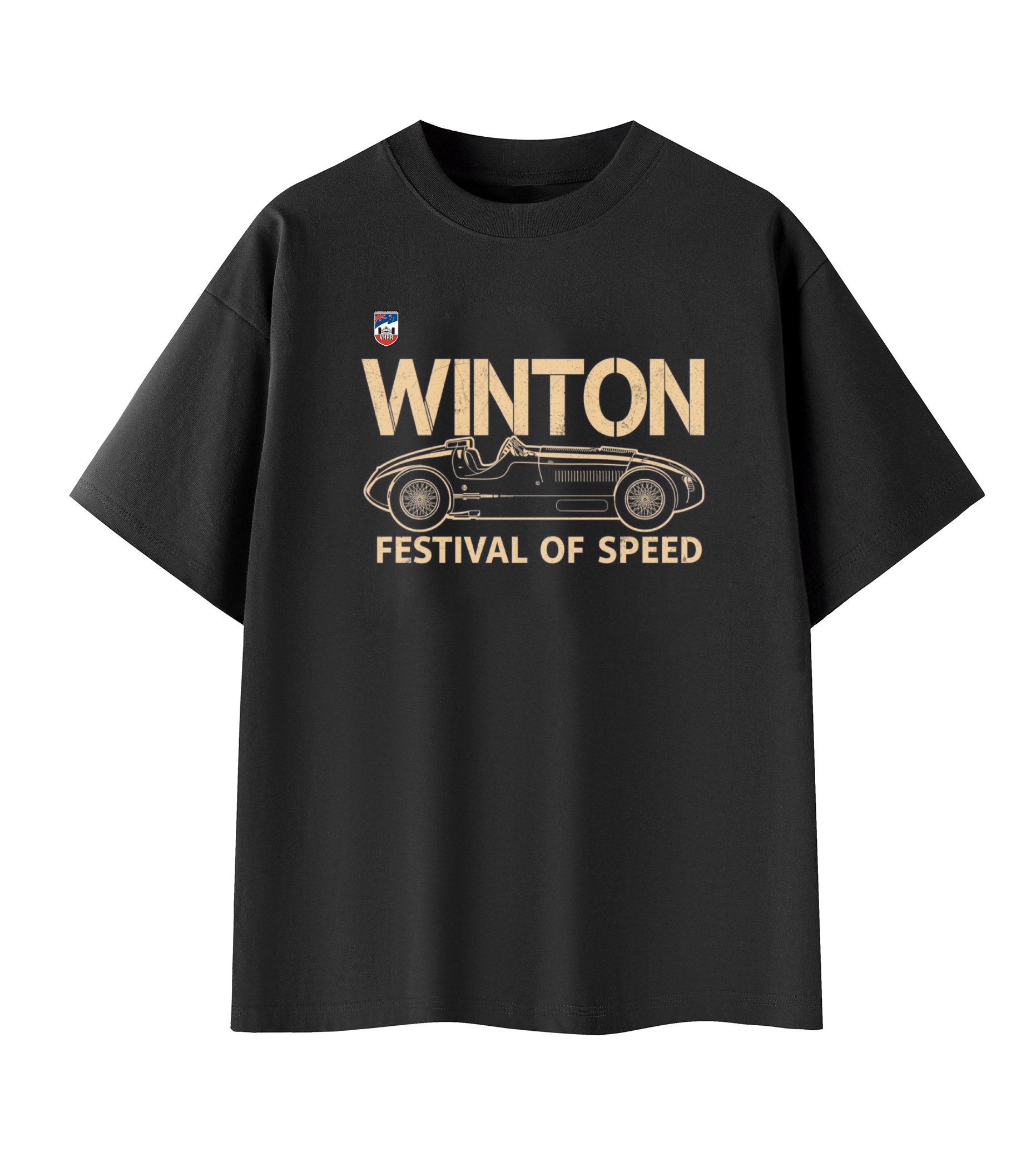 Black T-shirt with a vintage race car graphic, text 'WINTON FESTIVAL OF SPEED', and a small emblem in the top left corner.