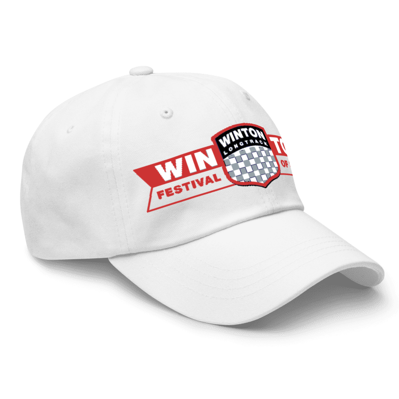 White baseball cap with a logo for the WIN Festival and Winton Longtrack racing event.