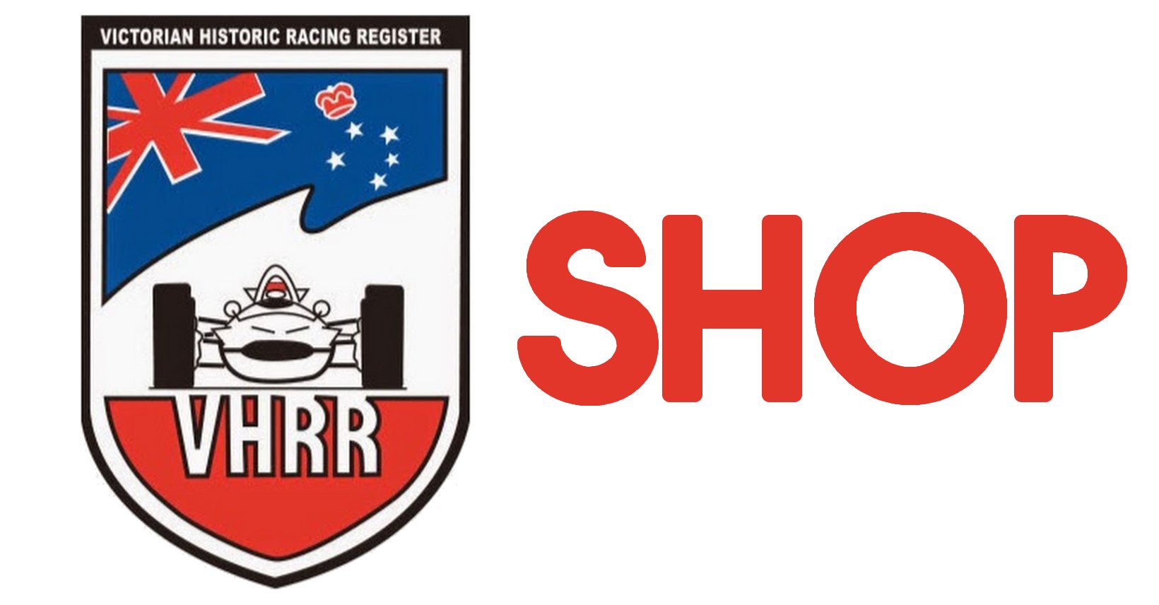 A racing register badge with a race car illustration, the Australian flag in the top left, and the letters VHRR at the bottom. To the right, the word 'SHOP' in large red letters.