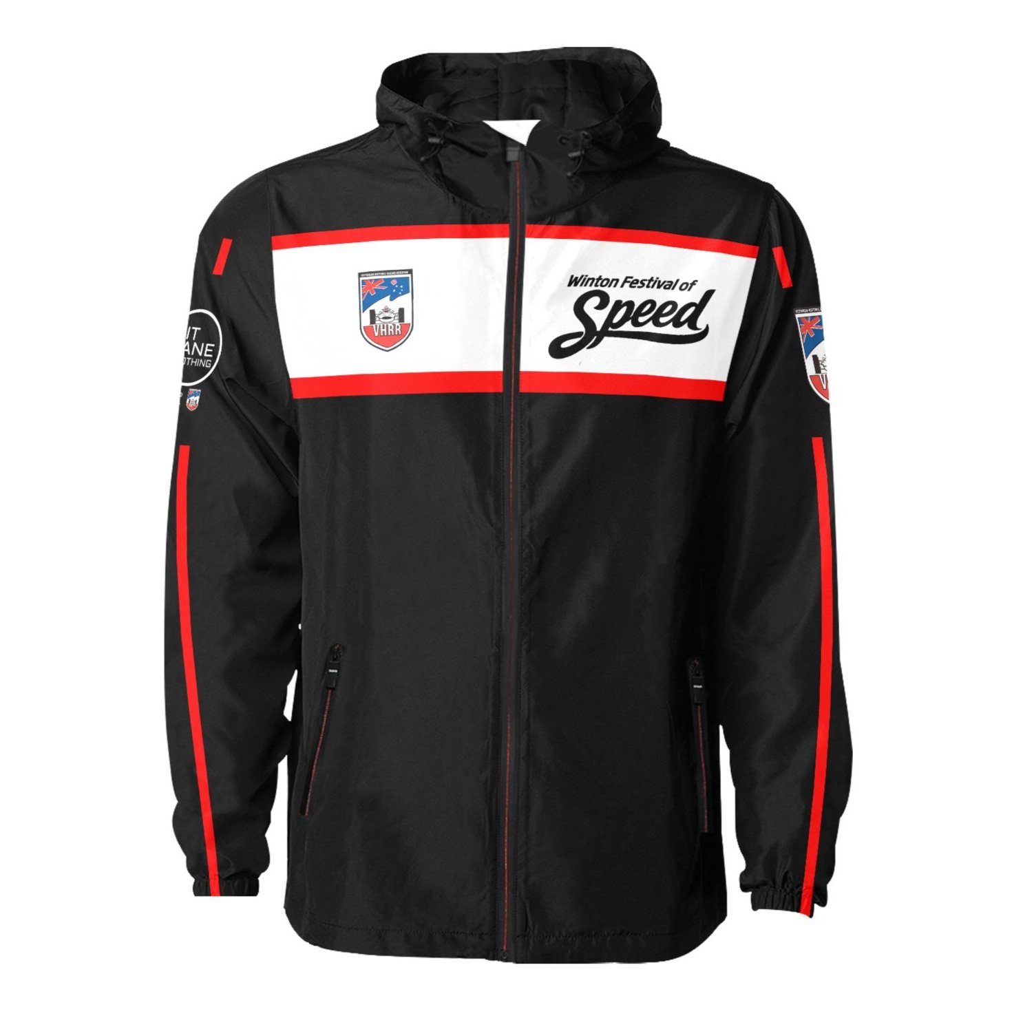 A black hooded jacket with red and white accents featuring logos and text related to the Winton Festival of Speed and racing, including patches and branding on the sleeves and chest.