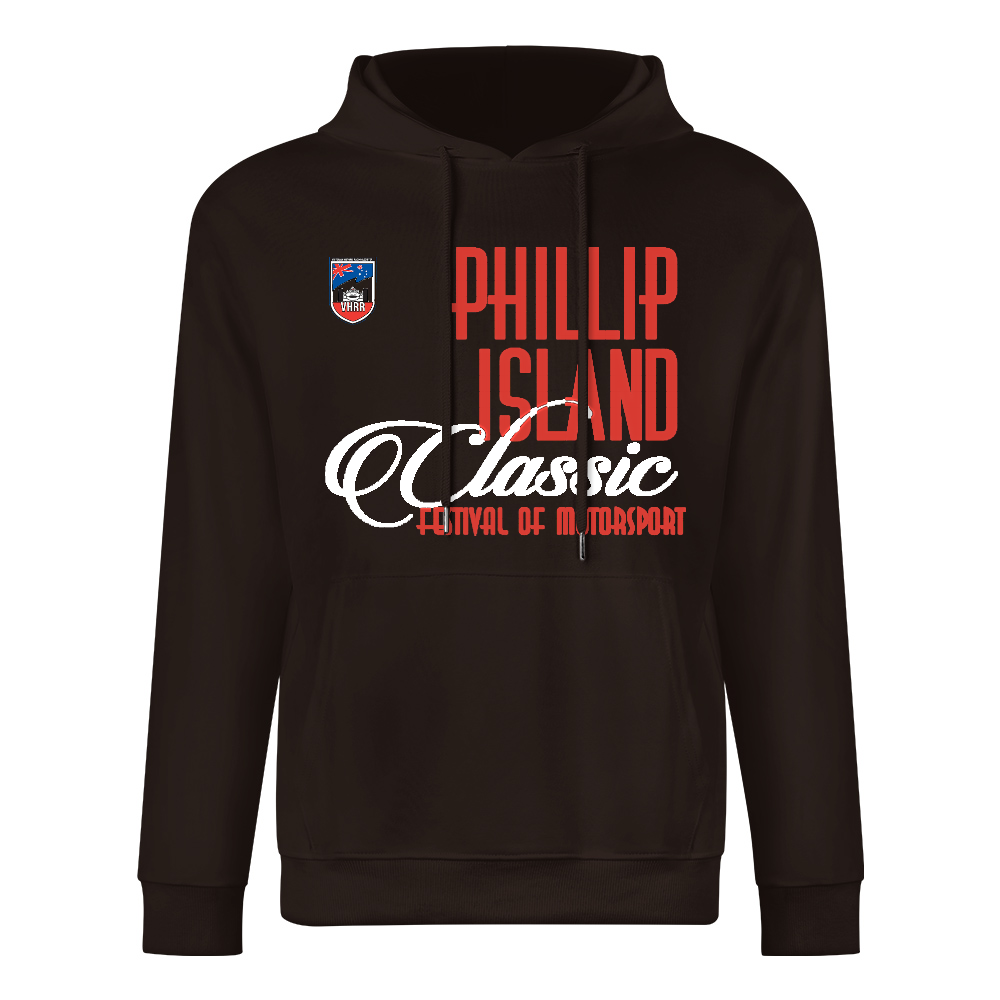 Black hoodie with red and white text that reads 'Phillip Island Classic Festival of Motorsport', with a small logo patch on the chest and a racing emblem on the left shoulder.
