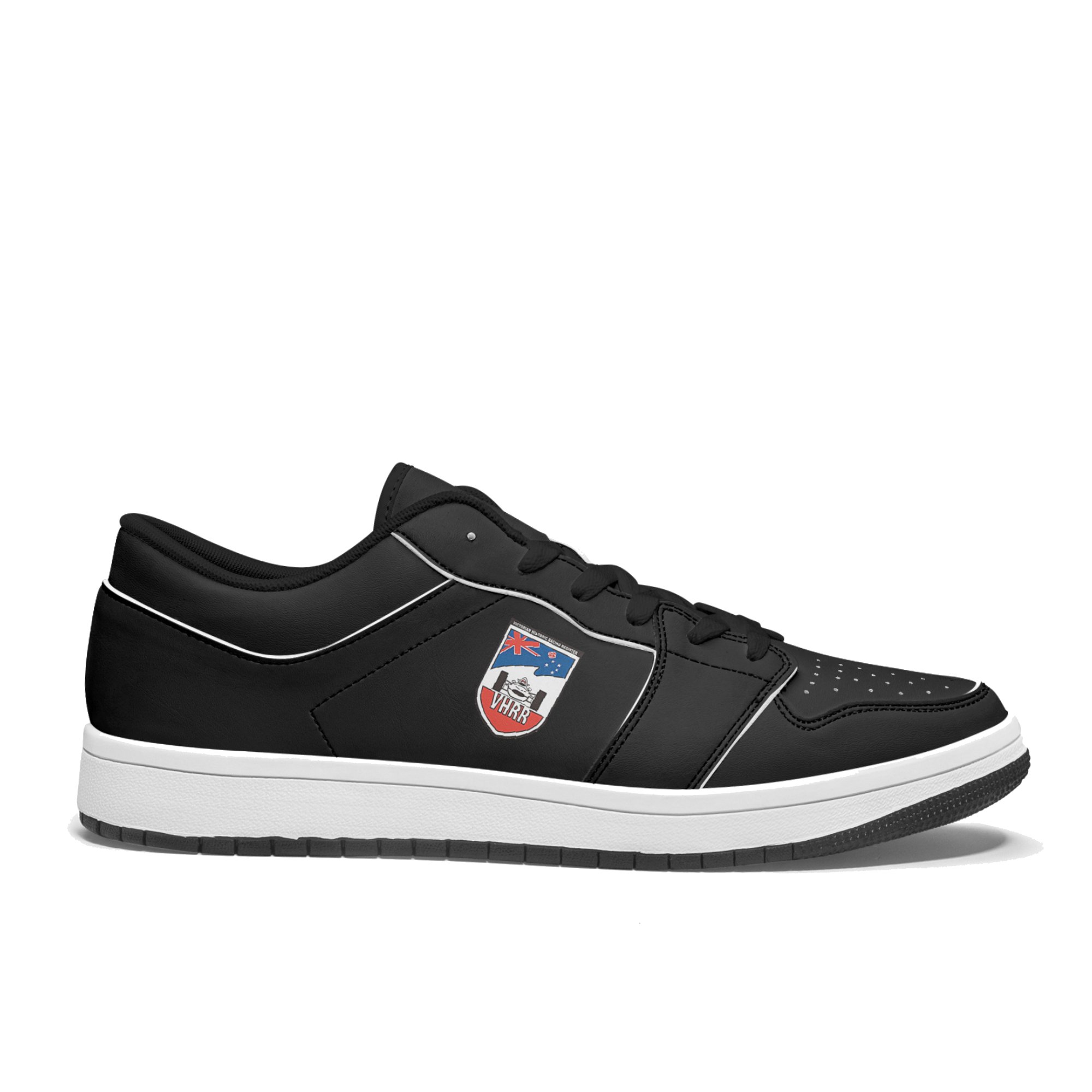 Black athletic shoe with a white sole and a shield logo on the side, featuring the Australian flag and the letters VHR.