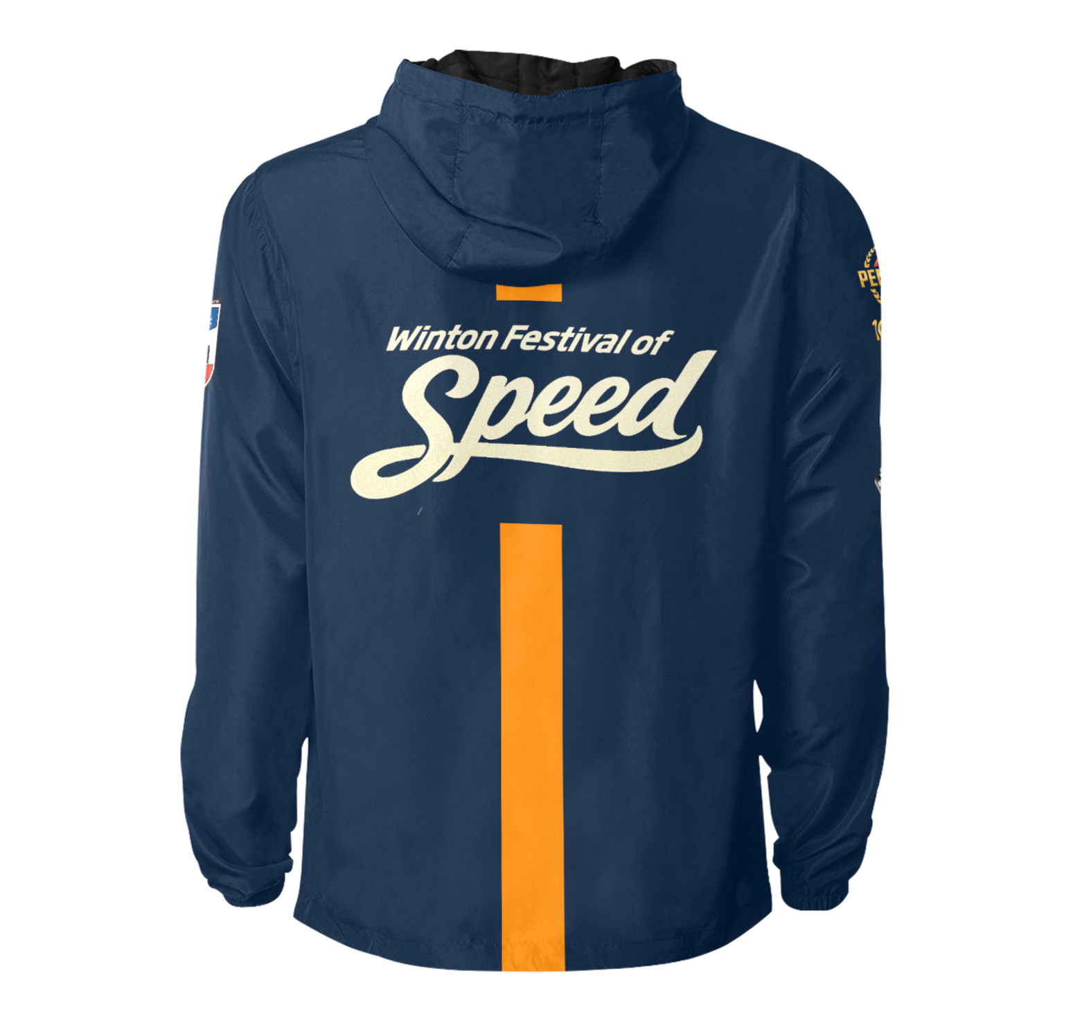 Back view of a navy blue hooded jacket with the words "Winton Festival of Speed" printed on the back, featuring a large orange vertical stripe in the center.